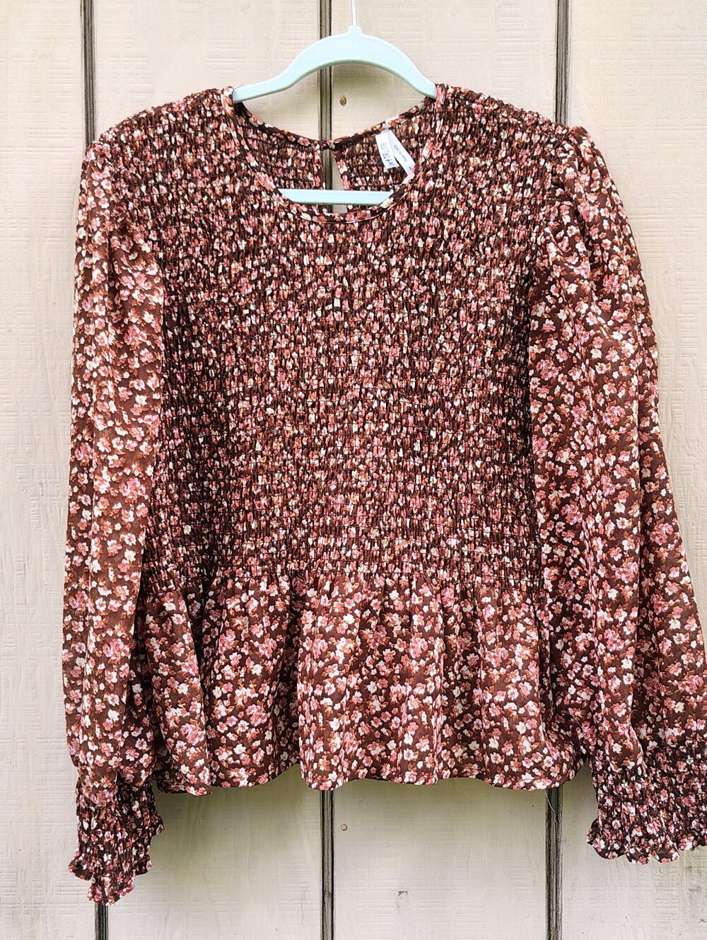 Live 4 Truth Rust Ditsy Floral Smocked Peplum Blouse Balloon Sleeves Lightweight